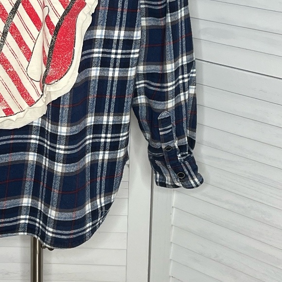 Rolling Stones Red White Blue Plaid Flannel Graphic DIY Shirt Upcycled Band Tee - Picture 6 of 11